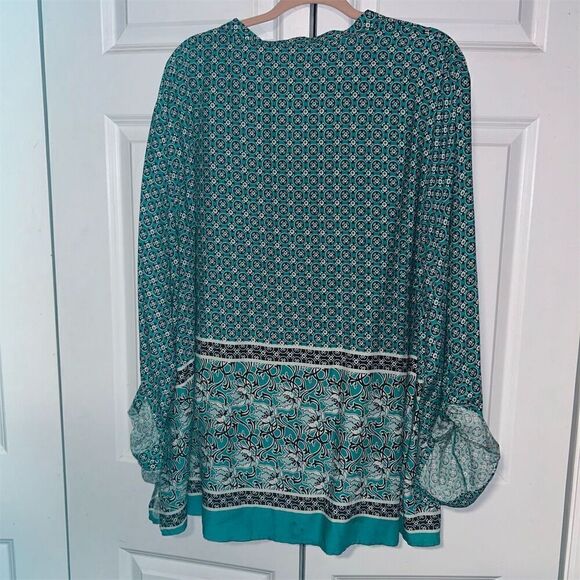 EST. 1946 Boho Tunic Blouse Turquoise White Geometric Print V-Neck size … - Picture 7 of 7